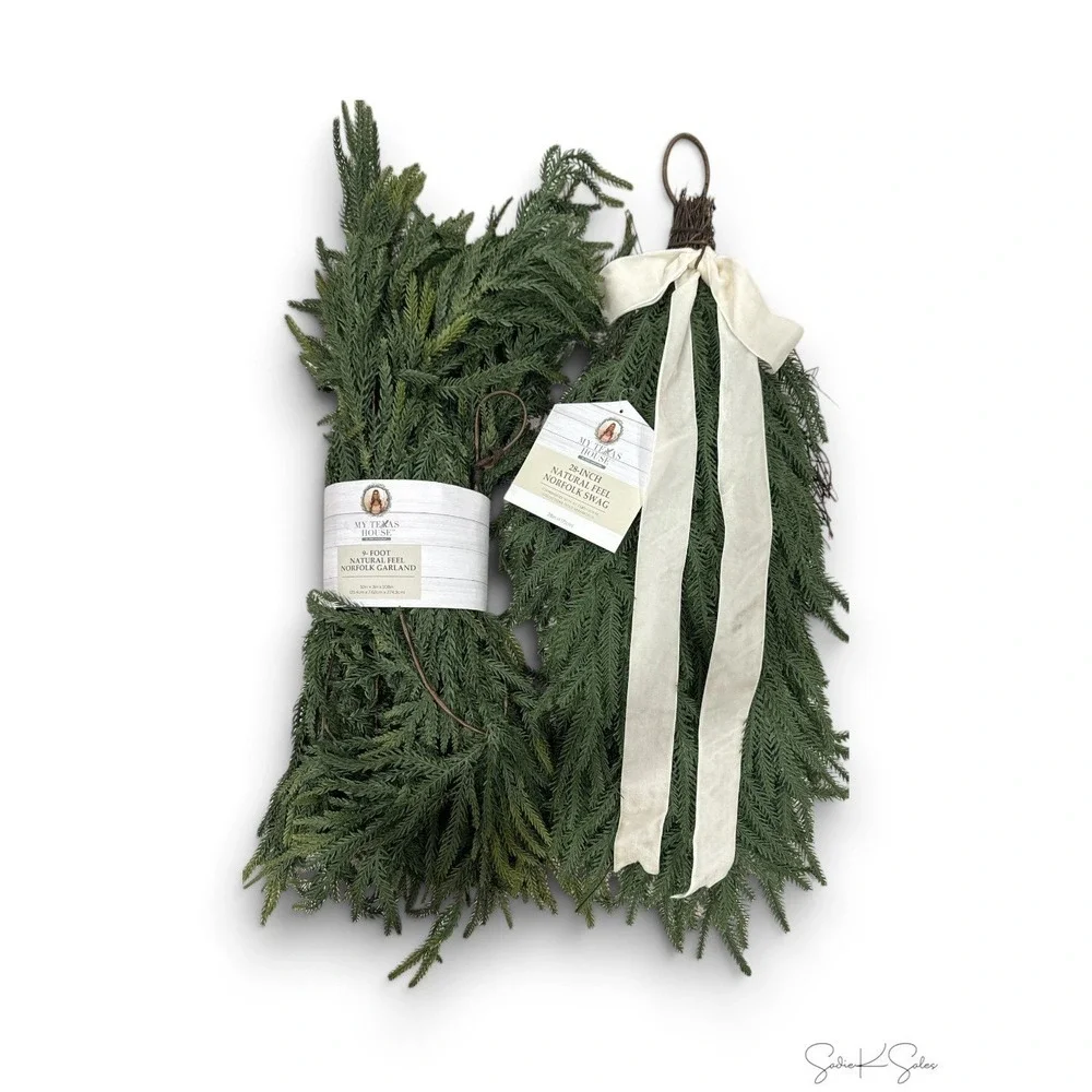 My Texas House Natural Feel Norfolk Christmas Swag Cream Velvet Bow 28